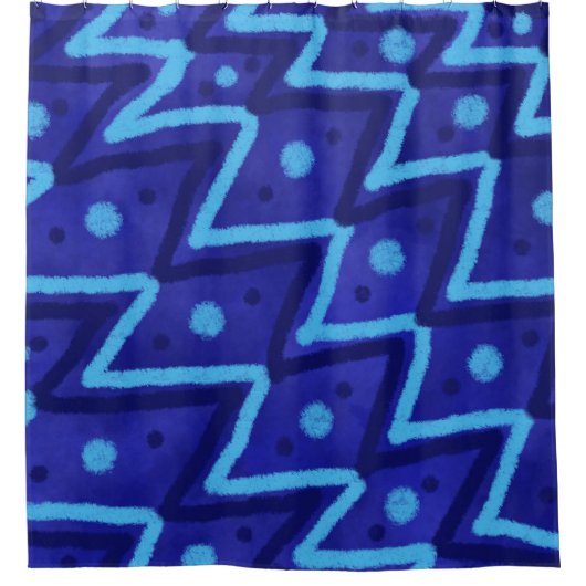 Blue Zig Zags Dots Funky Pattern  シャワーカーテン (正面)