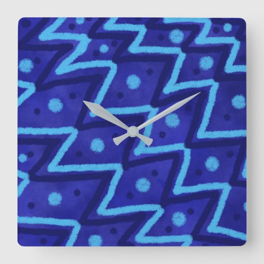 Blue Zig Zags Dots Funky Pattern  スクエア壁時計 (正面)
