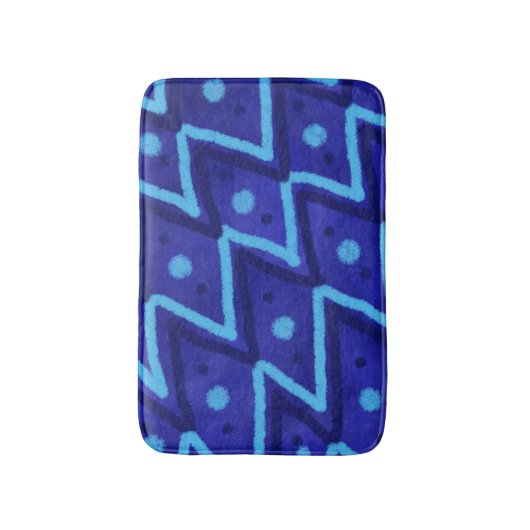 Blue Zig Zags Dots Funky Pattern  バスマット (正面縦)