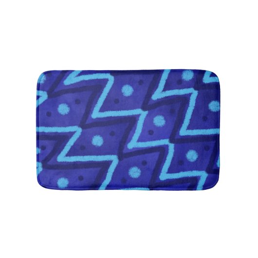 Blue Zig Zags Dots Funky Pattern  バスマット (正面)