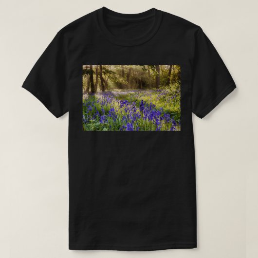 Bluebells woodland path with glowing sunrise light tシャツ (デザイン正面)
