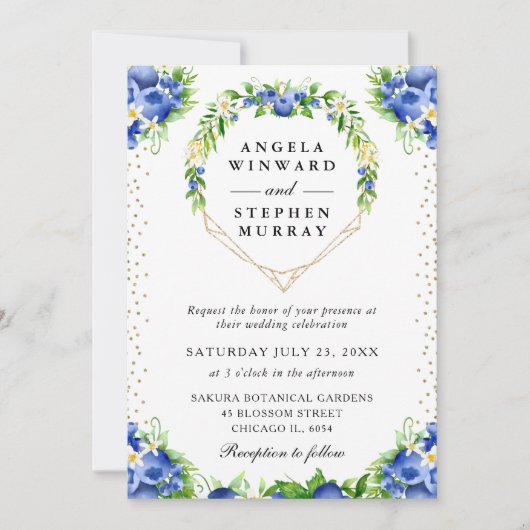 Blueberries Floral Heart Wreath Wedding 招待状 (正面)