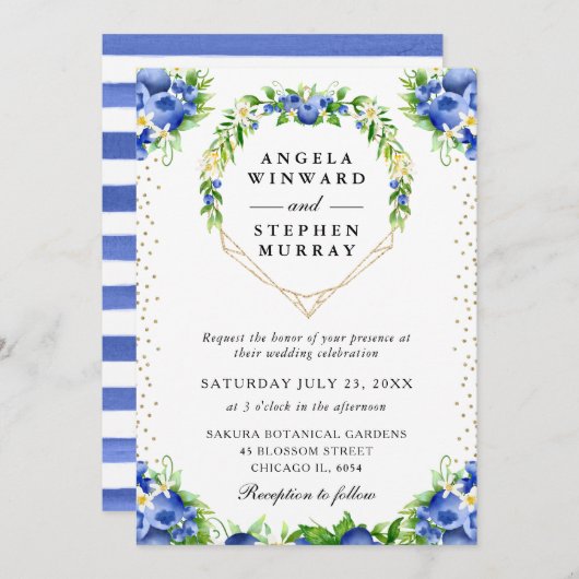 Blueberries Floral Heart Wreath Wedding 招待状 (正面/裏面)