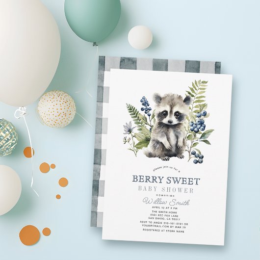 Blueberries & Raccoon Berry Sweet Boy Baby Shower 招待状
