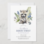 Blueberries & Raccoon Boy Berry First 1st Birthday 招待状 (正面)