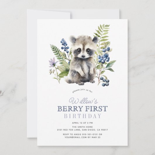 Blueberries & Raccoon Boy Berry First 1st Birthday 招待状 (正面)