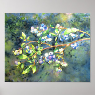 Blueberries, romantic fruit Watercolor painting ポスター