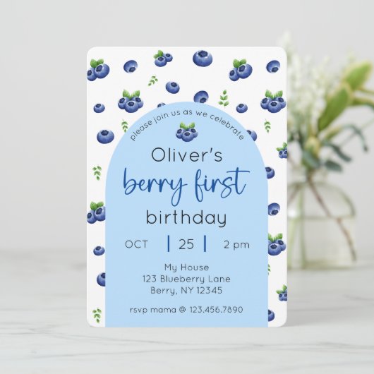 Blueberry 1st Birthday Berry First Photo 招待状 (スタンド正面)