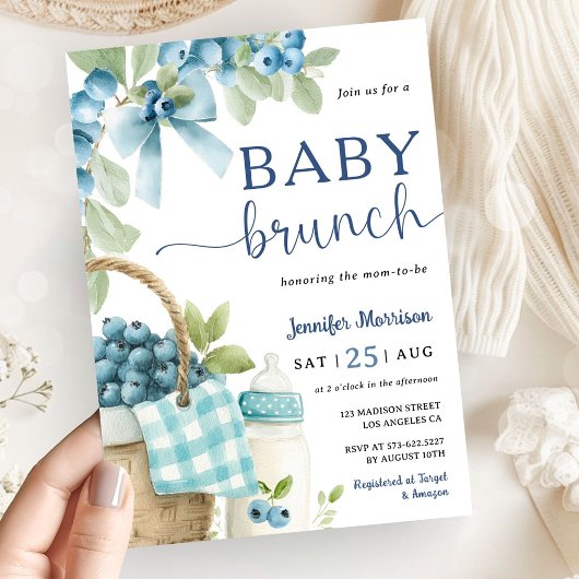 Blueberry Baby Brunch Boy Bow & Bottle Baby Shower 招待状