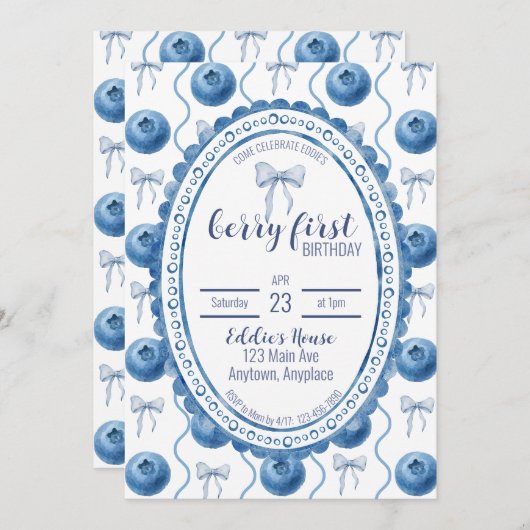 Blueberry Baby's Berry First 1st Birthday Party 招待状 (正面/裏面)