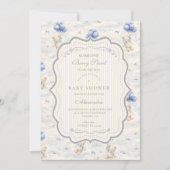 Blueberry Balloon Teddy Toile Baby Shower 招待状 (正面)