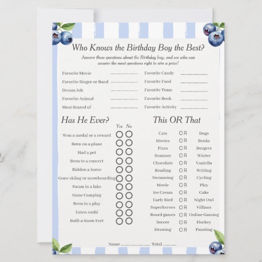 Blueberry Birthday boy Trivia Trio Game card シーズンカード (正面)