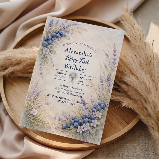Blueberry Botanical Berry Theme 1st Birthday 招待状