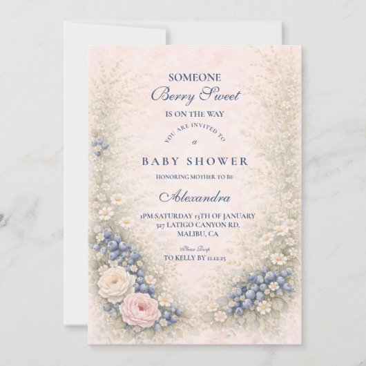Blueberry Botanical Frame Baby Shower 招待状 (正面)