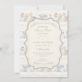 Blueberry Bunny Teddy Toile Baby Shower 招待状 (正面)