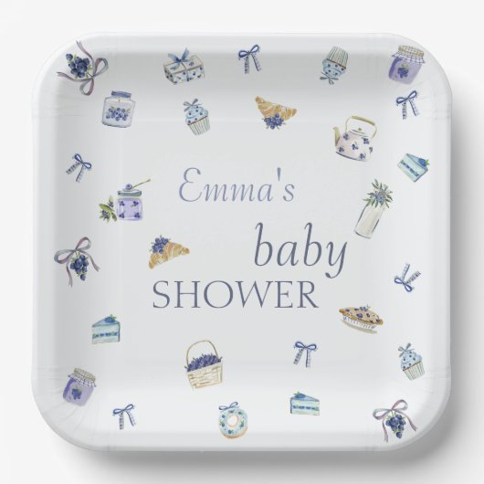 Blueberry Dessert Baby Shower Watercolor  ペーパープレート (正面)