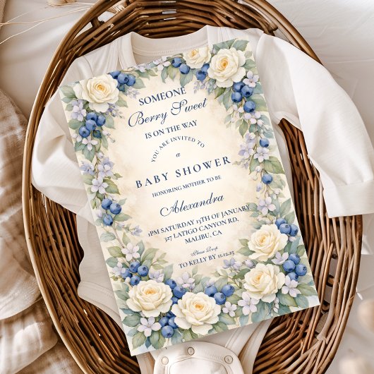 Blueberry Floral Wreath Baby Shower 招待状