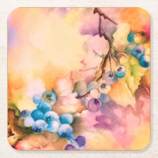 Blueberry Fruit Pattern — Hand-Painted Berries  スクエアペーパーコースター (正面)
