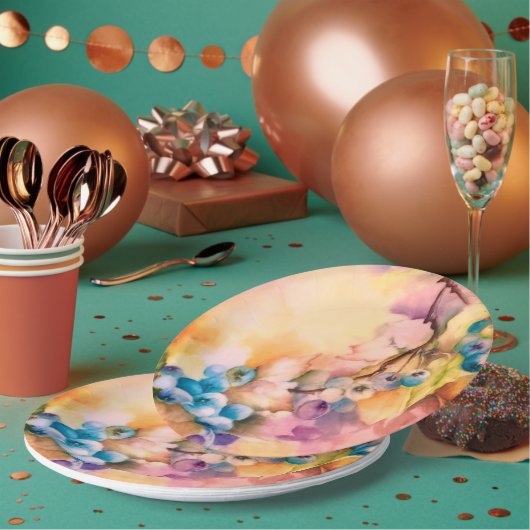 Blueberry Fruit Pattern — Hand-Painted Berries ペーパープレート (複数)