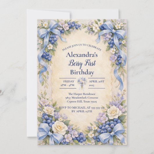 Blueberry Garden Berry First 1st Birthday 招待状 (正面)