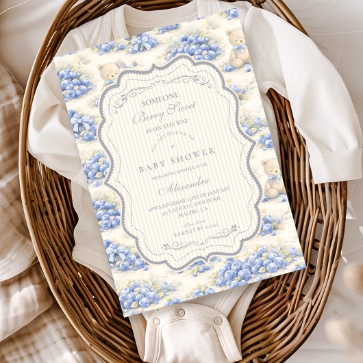 Blueberry Garden Teddy Toile Baby Shower 招待状