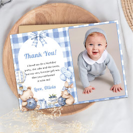 Blueberry Gingham Birthday Party Thank You Card 招待状