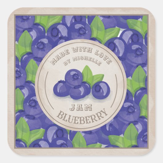 Blueberry Rustic Watercolor Jam Label Canning スクエアシール (正面)