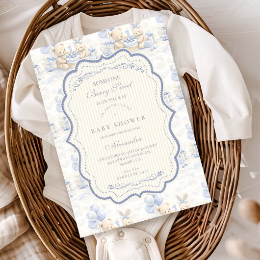 Blueberry Teddy Bear Toile Baby Shower 招待状