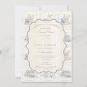 Blueberry Teddy Garden Toile Baby Shower 招待状 (正面)