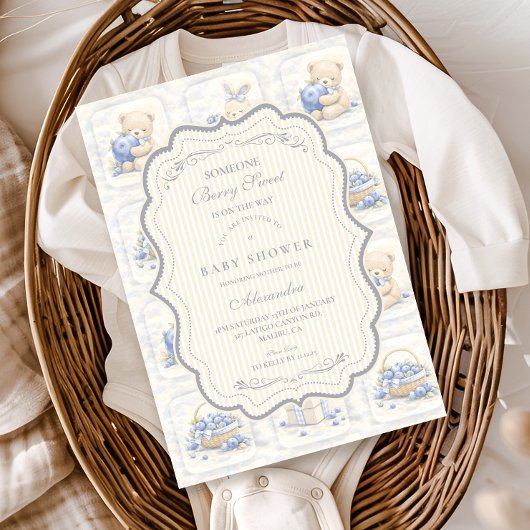 Blueberry Teddy Garden Toile Baby Shower 招待状