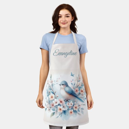 Bluebird Blossom Watercolor Serenity エプロン (着用した状態)