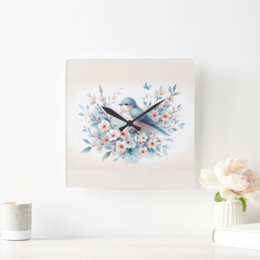 Bluebird Blossom Watercolor Serenity スクエア壁時計 (ホーム)