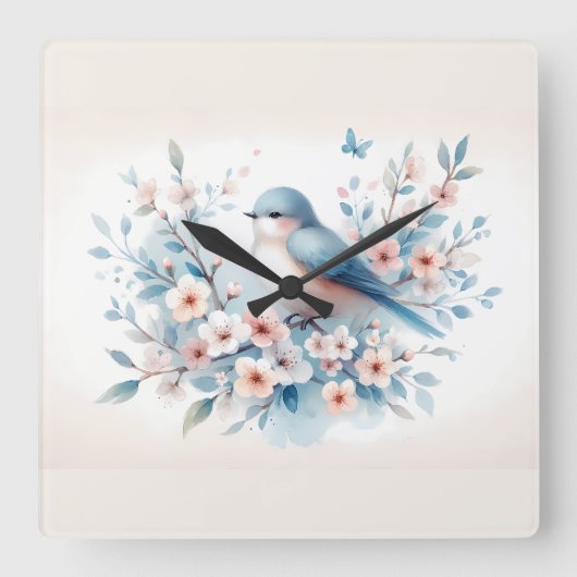 Bluebird Blossom Watercolor Serenity スクエア壁時計 (正面)