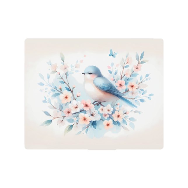 Bluebird Blossom Watercolor Serenity メタルプリント (正面)