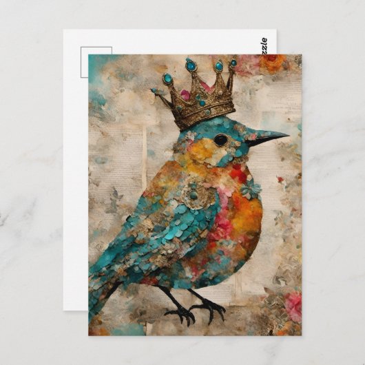 Bluebird in a Crown Mixed Media Collage ポストカード (正面/裏面)