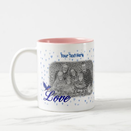 Bluebird Love Blueハートフレーム写真の追加 ツートーンマグカップ (左)