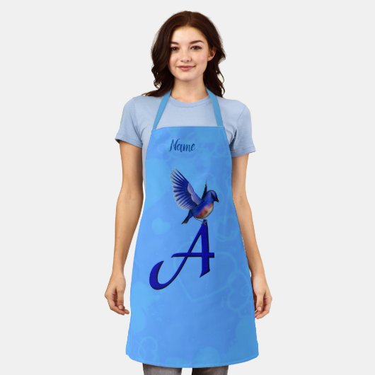 Bluebird Monogram Initial A Personalized エプロン (着用した状態)