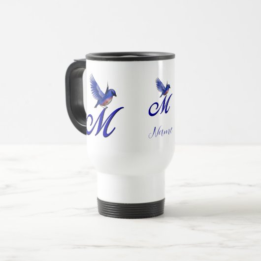 Bluebird Monogram Initial M Elegant Personalized トラベルマグ (正面左)
