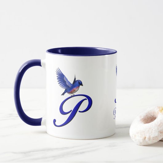Bluebird Monogram Initial P Elegant Personalized マグカップ (ドーナツ)
