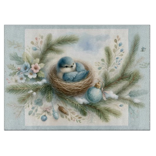 Bluebird Nest with Ornaments in Winter Pines カッティングボード (正面)