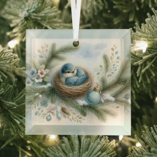 Bluebird Nest with Ornaments in Winter Pines ガラスオーナメント (インサイチュ)