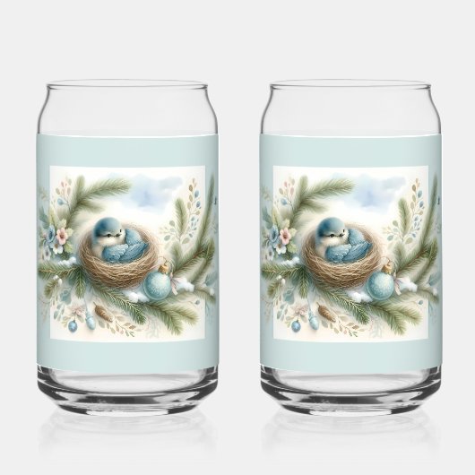 Bluebird Nest with Ornaments in Winter Pines  ガラス缶 (正面)