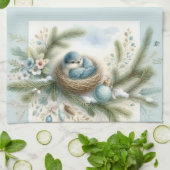 Bluebird Nest with Ornaments in Winter Pines キッチンタオル (折り畳み)