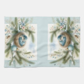 Bluebird Nest with Ornaments in Winter Pines キッチンタオル (横)