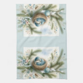 Bluebird Nest with Ornaments in Winter Pines キッチンタオル (縦)