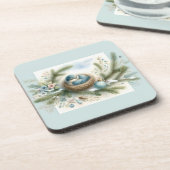 Bluebird Nest with Ornaments in Winter Pines コースター (左側)