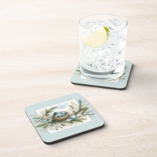 Bluebird Nest with Ornaments in Winter Pines コースター (右側)