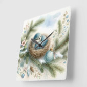 Bluebird Nest with Ornaments in Winter Pines スクエア壁時計 (傾斜)