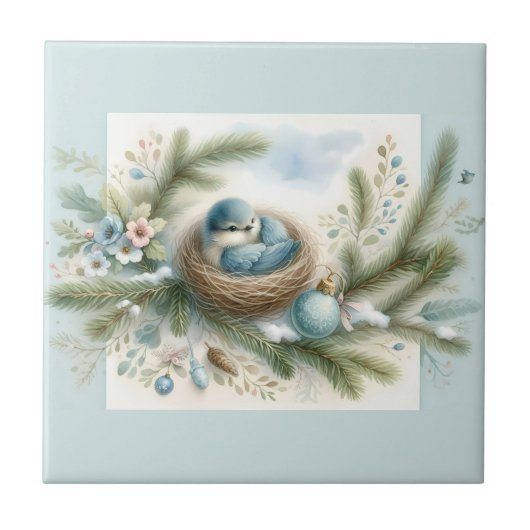 Bluebird Nest with Ornaments in Winter Pines タイル (正面)