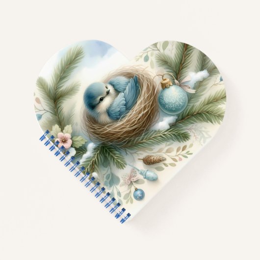 Bluebird Nest with Ornaments in Winter Pines  ノートブック (正面)